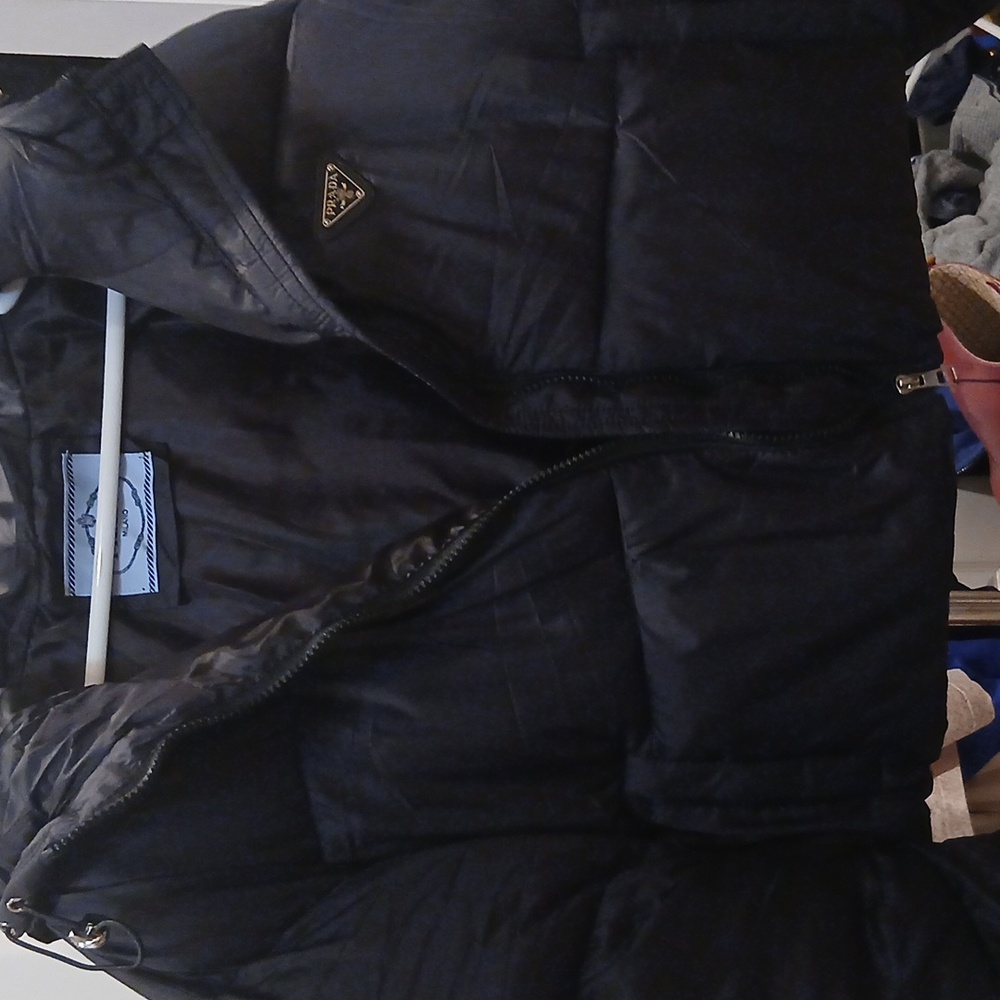 Prada Black Puffer Jacket with Hood Crop Mid Drift.
